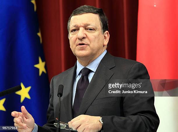 European Commission President Jose Manuel Barroso attends a joint press conference at Hatoyama's official residence on April 28, 2010 in Tokyo,...