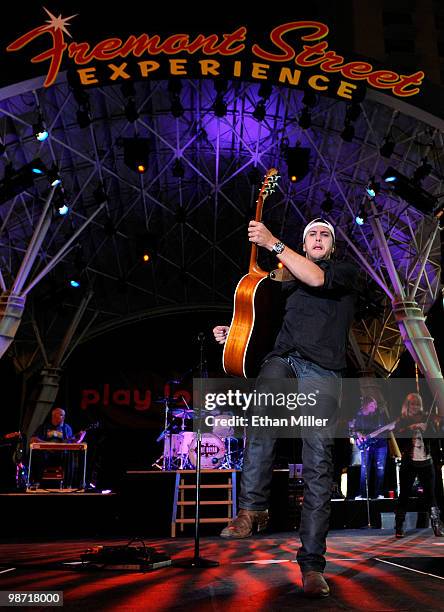 Recording artist Luke Bryan performs during the Academy of Country Music all-star concert at the Fremont Street Experience April 17, 2010 in Las...