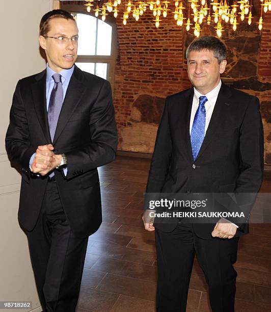 Austria's Foreign Minister Michael Spindelegger meets his Finnish counterpart Alexander Stubb in Helsinki on April 28, 2010. AFP PHOTO / LEHTIKUVA /...