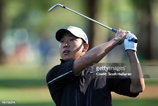 Anthony Kim hits a shot during the pro am prior to the start of the 2010 Quail Hollow Championship at the Quail Hollow Club on April 28, 2010 in...