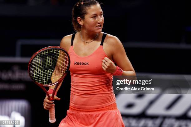 Shahar Peer of Israel reacts during her second round match against Agnieszka Radwanska of Poland at day three of the WTA Porsche Tennis Grand Prix...