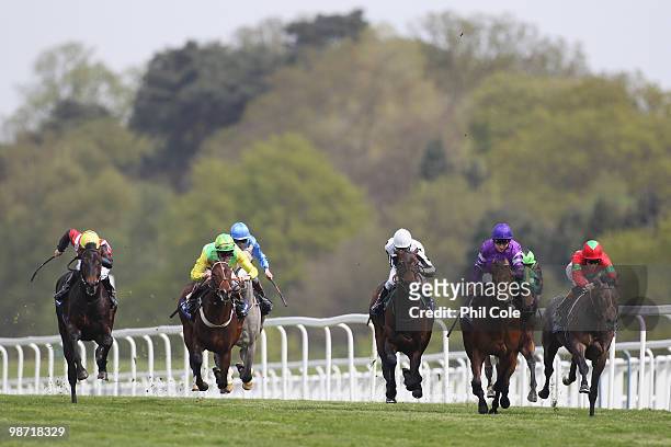 Zebedee ridden by Richard Hughes on the far right wins the Aldermore Conditions Stakes on April 28, 2010 in Ascot, England.