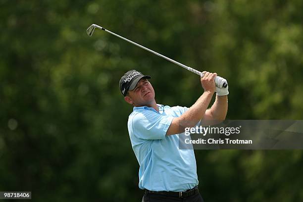 Jason Bohn tees off on the 14th hole during the first round of the Zurich Classic at TPC Louisiana on April 22, 2010 in Avondale, Louisiana.