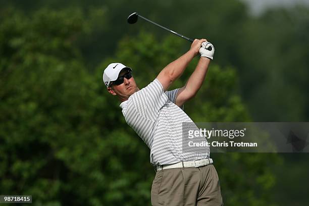 David Duval tees off on the 13th hole during the continuation of the weather delayed second round of the Zurich Classic at TPC Louisiana on April 24,...
