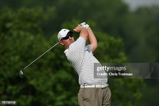 David Duval tees off on the 13th hole during the continuation of the weather delayed second round of the Zurich Classic at TPC Louisiana on April 24,...