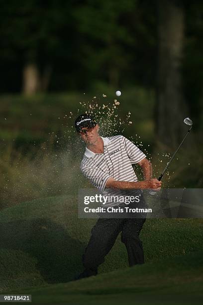 John Senden of Australia hits out of a bunker on the second hole during the third round of the Zurich Classic at TPC Louisiana on April 24, 2010 in...