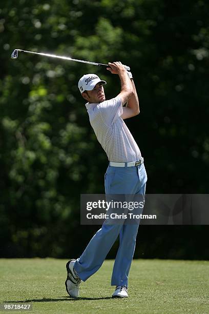 Troy Merritt hits his tee shot on the 14th hole during the final round of the Zurich Classic at TPC Louisiana on April 25, 2010 in Avondale,...