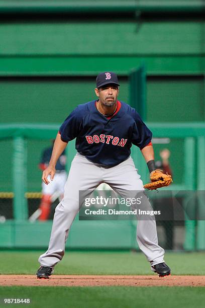 Firstbaseman Mike Lowell of the Boston Red Sox gets ready for the next pitch during an exhibition game on April 3, 2010 against the Washington...