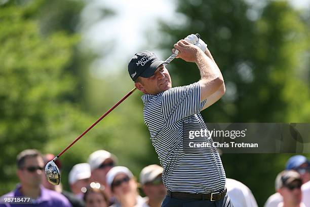 Jason Bohn hits his tee shot on the 13th hole during the final round of the Zurich Classic at TPC Louisiana on April 25, 2010 in Avondale, Louisiana.