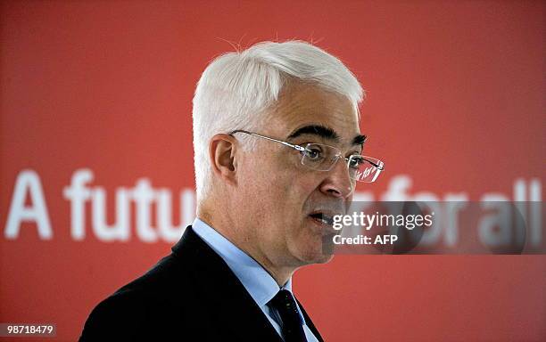 British Finance Minister Alistair Darling gives a speech on the economy in Edinburgh, Scotland, on April 28, 2010. Britons will take to the polls in...