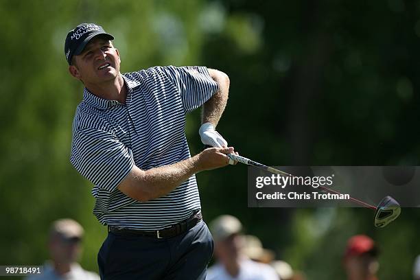 Jason Bohn hits his tee shot on the 15th hole during the final round of the Zurich Classic at TPC Louisiana on April 25, 2010 in Avondale, Louisiana.