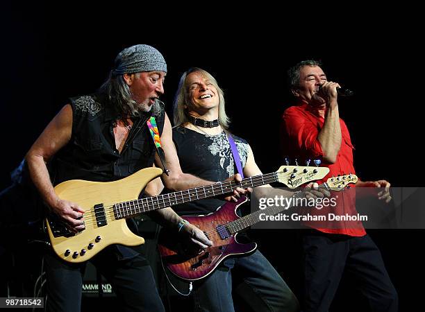 Roger Glover, Steve Morse and Ian Gillan of Deep Purple perform on stage during their concert at the Sydney Entertainment Centre on April 28, 2010 in...