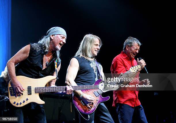 Roger Glover, Steve Morse and Ian Gillan of Deep Purple perform on stage during their concert at the Sydney Entertainment Centre on April 28, 2010 in...