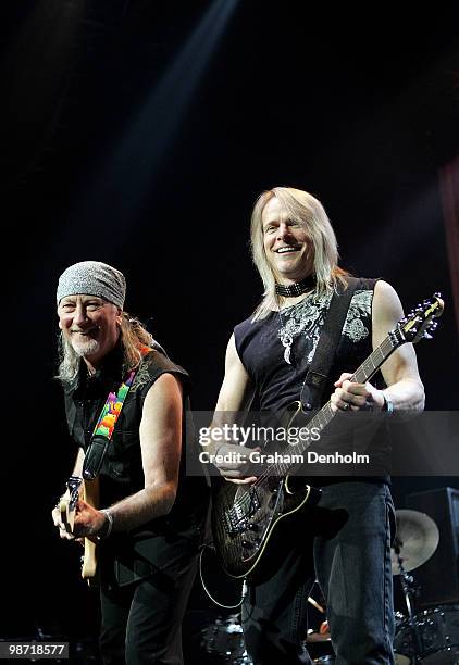 Steve Morse and Roger Glover of Deep Purple perform on stage during their concert at the Sydney Entertainment Centre on April 28, 2010 in Sydney,...