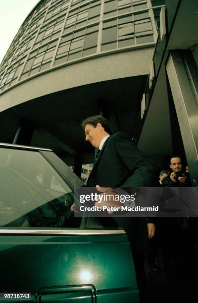 Labour Leader of the Opposition Tony Blair leaves BBC TV Centre, London after an interview with David Frost on his 'Breakfast with Frost' show, 12th...