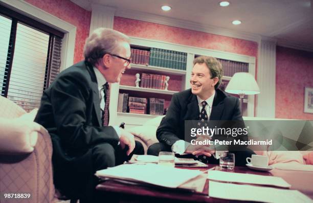 Journalist and TV presenter David Frost interviews Labour Leader of the Opposition Tony Blair on his 'Breakfast with Frost' show on BBC TV, London,...