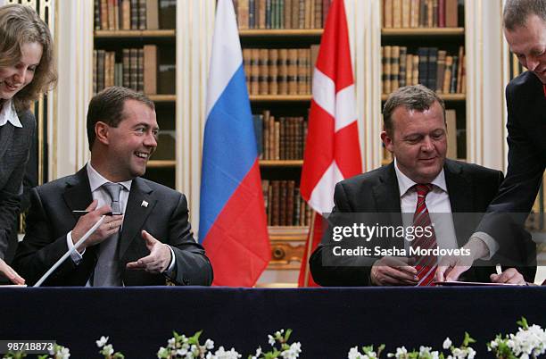 Russian President Dmitry Medvedev attends a meeting with Danish Prime Minister Lars Loekke Rasmussen at his office, on April 2010 in...