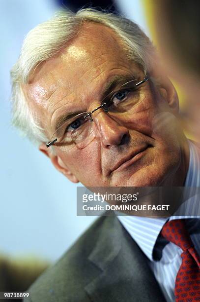French EU commissioner for Internal Market and Services Michel Barnier attends a press conference during an Eurogroup meeting at the Congress Palace...
