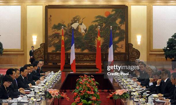 France's President Nicolas Sarkozy holds talks during meeting with China's President Hu Jintao at the Great Hall of the People on April 28, 2010 in...
