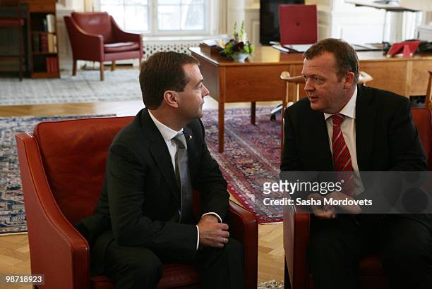 Russian President Dmitry Medvedev attends a meeting with Danish Prime Minister Lars Loekke Rasmussen at his office, on April 2010 in...