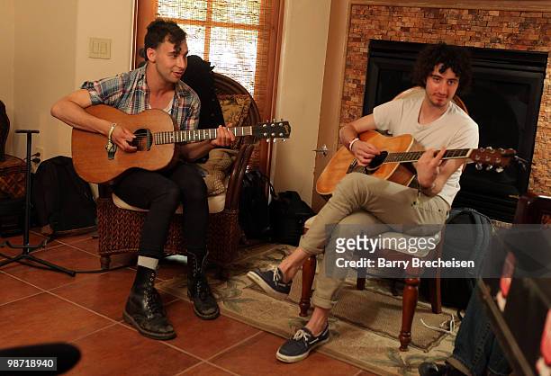 Musicians Jay West and Jack Antonoff of Steel Train perform for The Voice Project at the LACOSTE Pool Party during the 2010 Coachella Valley Music &...