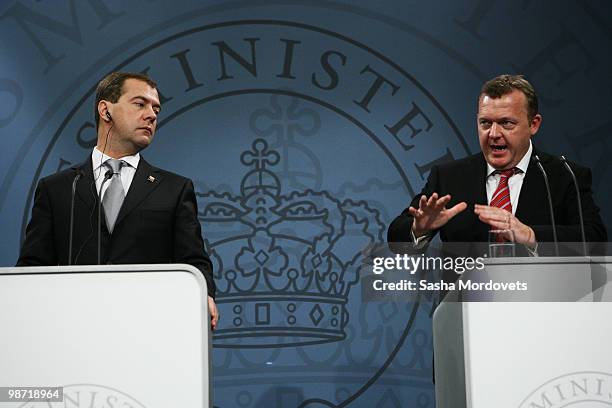 Russian President Dmitry Medvedev attends a press conference with Danish Prime Minister Lars Loekke Rasmussen at his office, on April 2010 in...