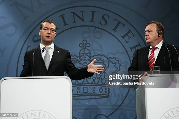 Russian President Dmitry Medvedev attends a press conference with Danish Prime Minister Lars Loekke Rasmussen at his office, on April 2010 in...