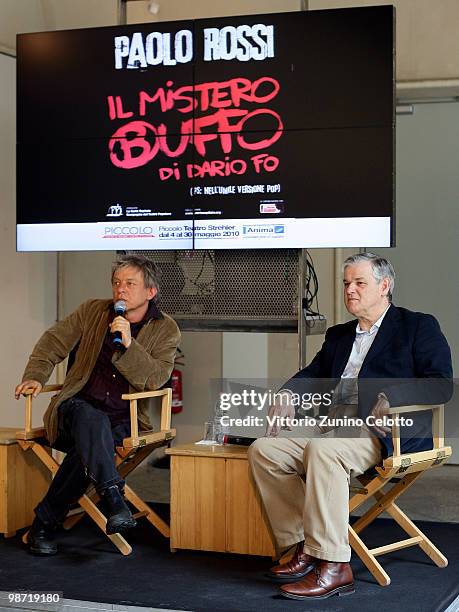 Paolo Rossi and Sergio Escobar attend 'Il Mistero Buffo' Press Conference held at Il Piccolo Teatro on April 28, 2010 in Milan, Italy.