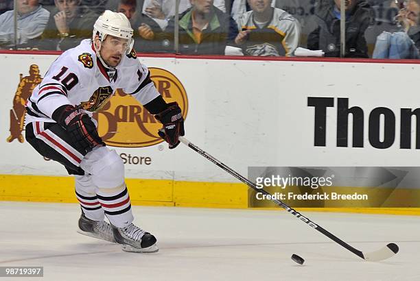 Patrick Sharp of the Chicago Blackhawks skates against the Nashville Predators in Game Six of the Western Conference Quarterfinals during the 2010...