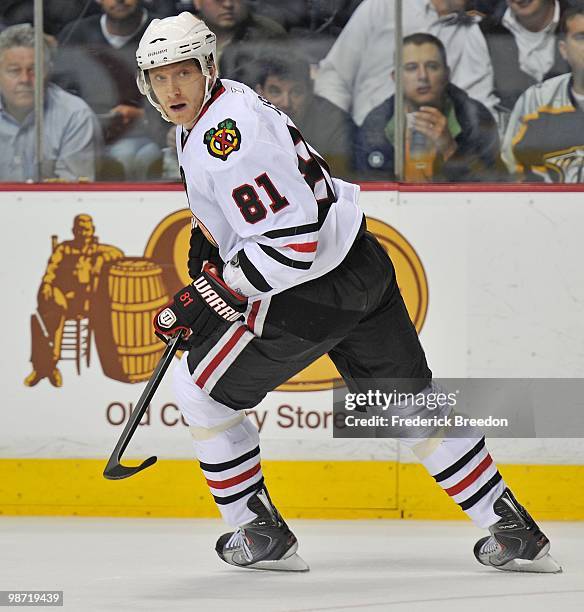 Marian Hossa of the Chicago Blackhawks skates against the Nashville Predators in Game Six of the Western Conference Quarterfinals during the 2010 NHL...