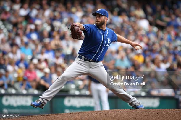 Danny Duffy of the Kansas City Royals pitches in the first inning against the Milwaukee Brewers at Miller Park on June 27, 2018 in Milwaukee,...