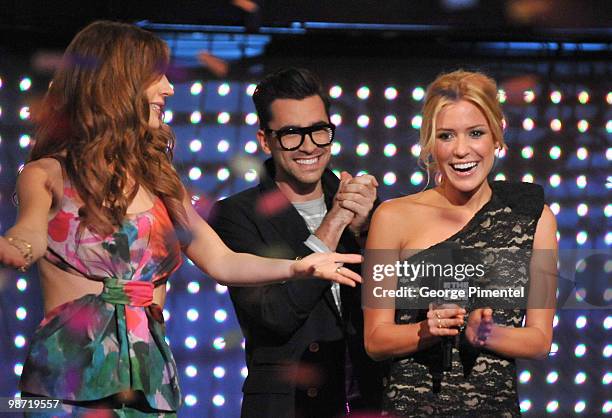 Host Jessi Cruickshank,, MTV host Dan Levy and actress Kristin Cavallari visit MTV Canada for a live interview on "The After Show" at the Masonic...