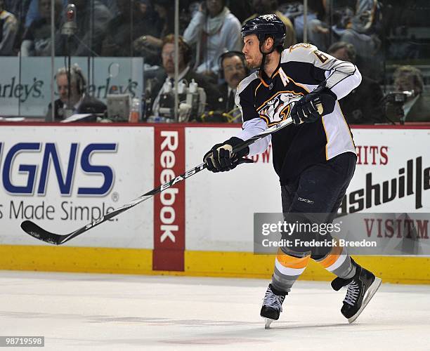 Shea Weber of the Nashville Predators skates against the Chicago Blackhawks in Game Six of the Western Conference Quarterfinals during the 2010 NHL...