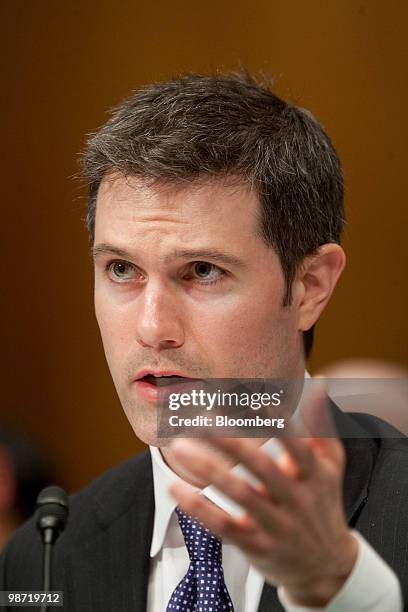 Joshua Birnbaum, former managing director of structured products group trading with Goldman Sachs, speaks during a Senate Homeland Security and...