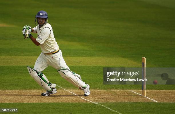 Jacques Rudolph of Yorkshire edges the ball towards the boundary during the LV County Championship match between Yorkshire and Durham at Headingley...