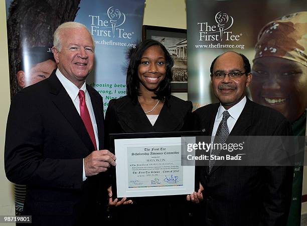 From U.S. Senator Saxby Chambliss , Maya McLin, Class of 2010 Scholar from The First Tee of Atlanta, and Joe Barrow, The First Tee CEO, posed for a...
