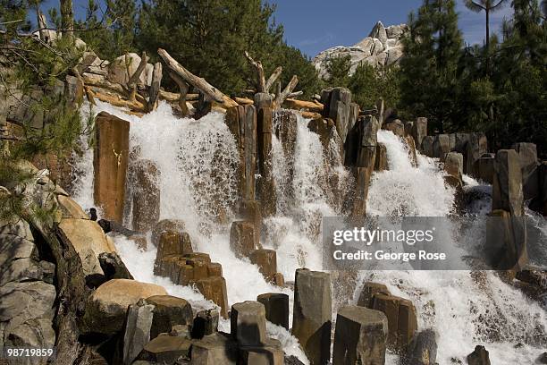 Waterfall at the Grizzly River Run thrill ride in Disney's California Adventure Park is seen cascading in this 2010 Anaheim, California, spring photo.