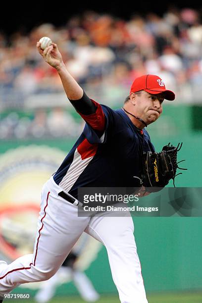 Pitcher Matt Capps of the Washington Nationals throws a pitch during the top of the eighth inning of an exhibition game on April 3, 2010 against the...