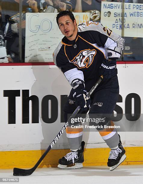 Jordin Tootoo of the Nashville Predators skates against the Chicago Blackhawks in Game Six of the Western Conference Quarterfinals during the 2010...