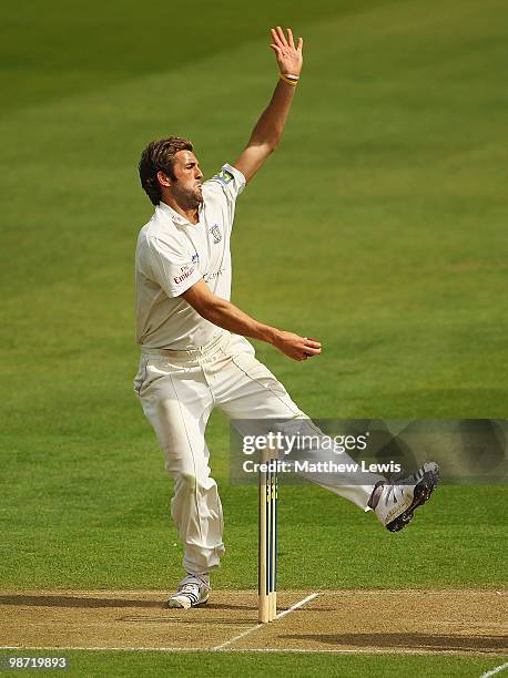 Liam Plunkett of Durhamin action during the LV County Championship match between Yorkshire and Durham at Headingley Carnegie Stadium on April 28,...