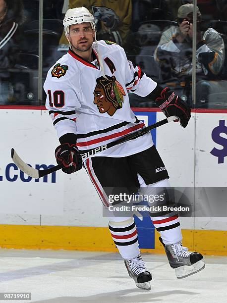 Patrick Sharp of the Chicago Blackhawks skates against the Nashville Predators in Game Six of the Western Conference Quarterfinals during the 2010...