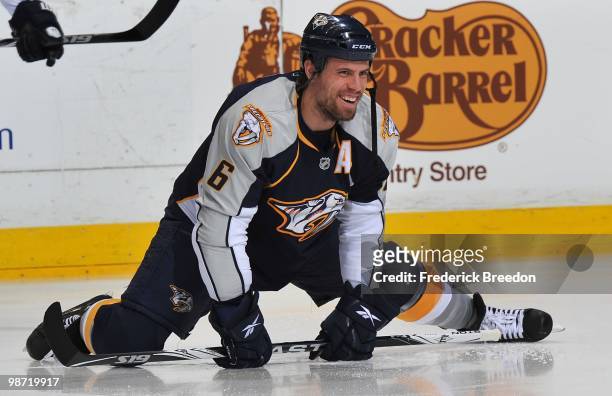 Shea Weber of the Nashville Predators stretches prior to a game against the Chicago Blackhawks in Game Six of the Western Conference Quarterfinals...