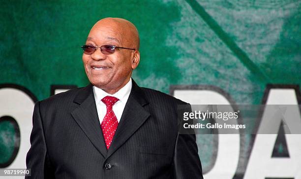 President Jacob Zuma delivers a speech during Freedom Day celebrations outside the Union Building on April 27, 2010 in Pretoria, South Africa. The...