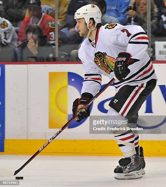 Brent Seabrook of the Chicago Blackhawks skates against the Nashville Predators in Game Six of the Western Conference Quarterfinals during the 2010...