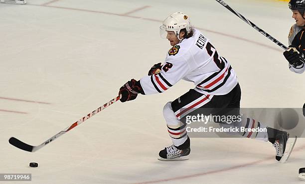 Duncan Keith of the Chicago Blackhawks skates against the Nashville Predators in Game Six of the Western Conference Quarterfinals during the 2010 NHL...