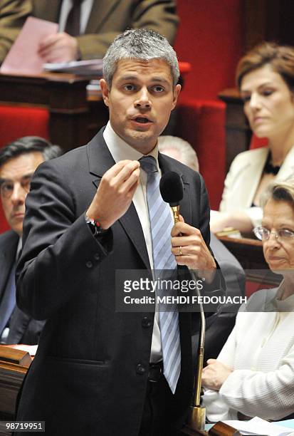 France's Junior Minister for Employment Laurent Wauquiez addresses deputies during the weekly session of questions to the Government, on April 28,...