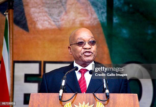 President Jacob Zuma delivers a speech during Freedom Day celebrations outside the Union Building on April 27, 2010 in Pretoria, South Africa. The...