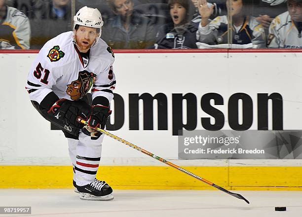 Brian Campbell of the Chicago Blackhawks skates against the Nashville Predators in Game Six of the Western Conference Quarterfinals during the 2010...