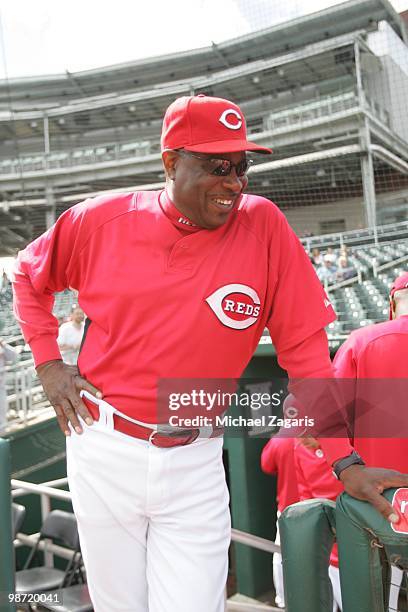 Manager Dusty Baker of the of the Cincinnati Reds standing in the dugout prior to the game against the Kansas City Royals during the MLB spring...