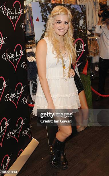 Pixie Lott attends a photocall to launch her 'Pixie Loves Lipsy' fashion collection at Lipsy, Bluewater Shopping Centre on April 28, 2010 in...